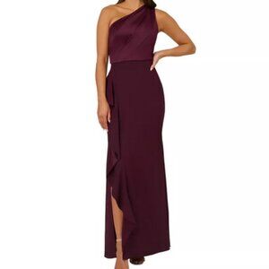 Adrianna Papell Purple Bordeaux Glow One-Shoulder Satin-Trim Gown